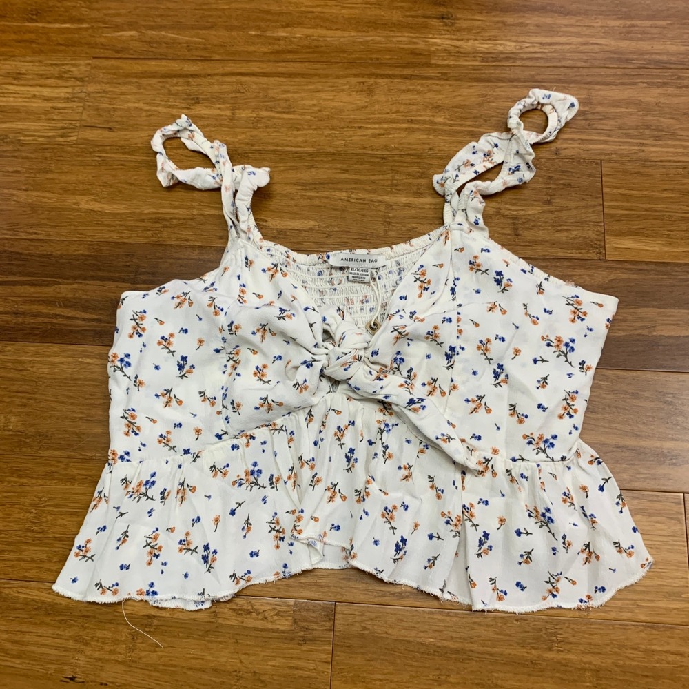 American Eagle Floral Ruffle Strap Cami Top Womens‎ XL Ivory Smocked Tie Front
